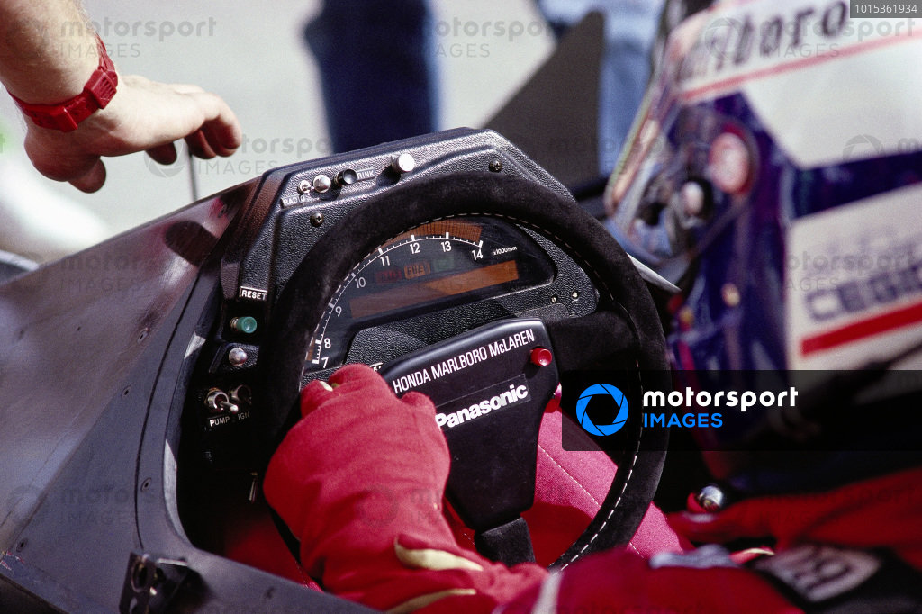 Steering wheel detail on Alain Prost's McLaren MP4-5 Honda